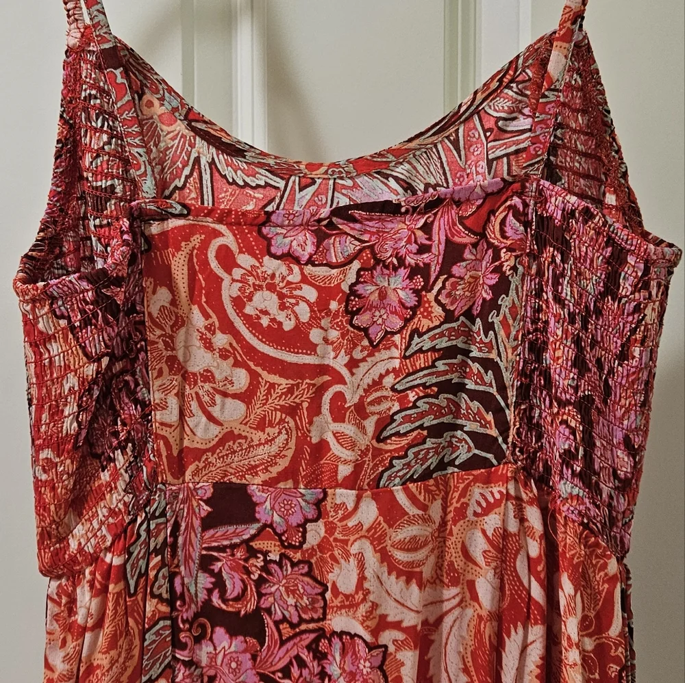 Free People Forever Yours Smocked Slip Dress Maxi Ruffled Slit Floral Red Sm NWT - Picture 13 of 16